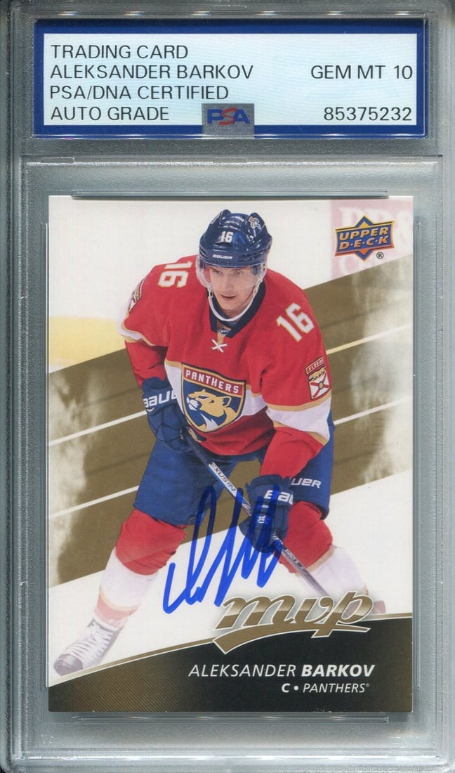 Aleksander Barkov Autographed Card Upper Deck PSA Auto Grade 10: Aleksander Barkov Autographed Card Upper Deck PSA Auto Grade 10 Aleksander Barkov's skills on the ice are matched by his skill in signing this Upper Deck card, which PSA has graded with a perfect 10 a