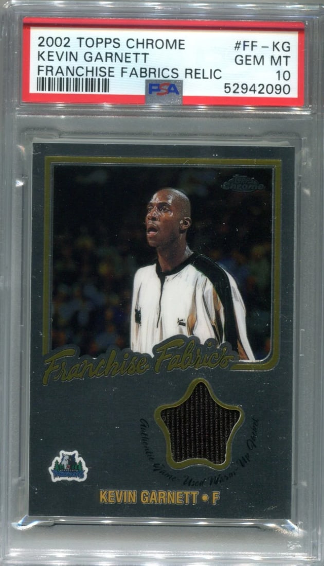 Kevin Garnett 2002 Topps Chrome Freshman Fabric #FFKG PSA GEM MT 10 Card: Kevin Garnett 2002 Topps Chrome Freshman Fabric #FFKG PSA GEM MT 10 Card Kevin Garnett's Rookie Card in Mint Condition. This 2002 Topps Chrome Freshman Fabric card, graded PSA GEM MT 10, showcases the