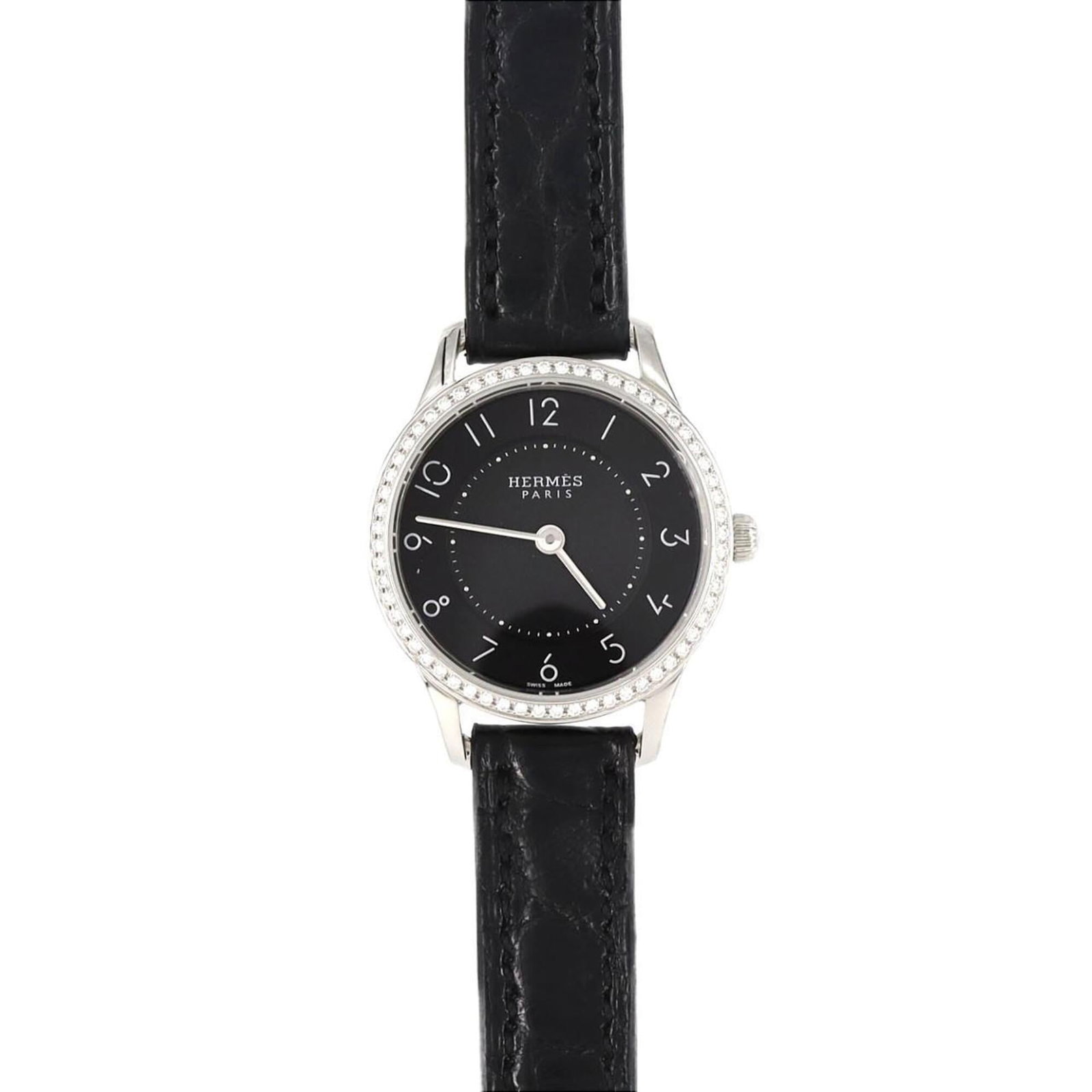 Hermes Wristwatch: Hermes Wristwatch Stainless steel case and band add a sleek touch to this black dial Hermes wristwatch, featuring a classic design. The watch has some minor scratches and dirt, but overall remains in