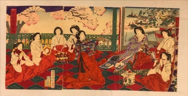 Triptych Kaika Toyo Maifuri Meiji Woodblock Print Toyohara Kunichika 1879: Triptych Kaika Toyo Maifuri Meiji Woodblock Print Toyohara Kunichika 1879 Item Specifics: Artist: Toyohara Kunichika Subject: Kaika Toyo Maifuri Material: Washi Paper Style: Japanese Year Of Productio