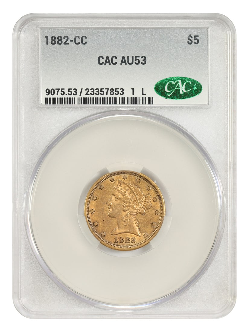 $5 Liberty Head CACG AU53 1882-CC: $5 Liberty Head CACG AU53 1882-CC The $5 Liberty Head CACG AU53 1882-CC is a circulated example of the iconic gold coin series, featuring a striking design and a rich history dating back to 1882. Cert