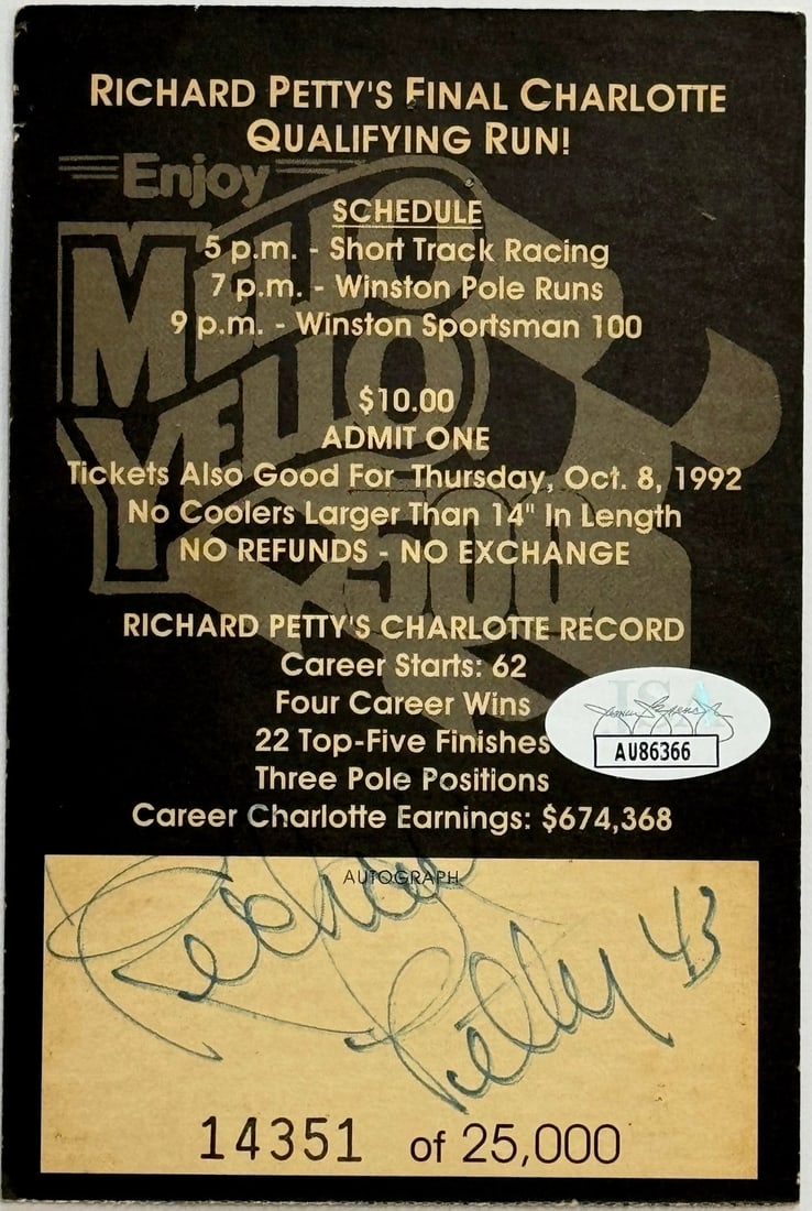 Richard Petty Autographed Charlotte Speedway Card by JSA (1 of 2)