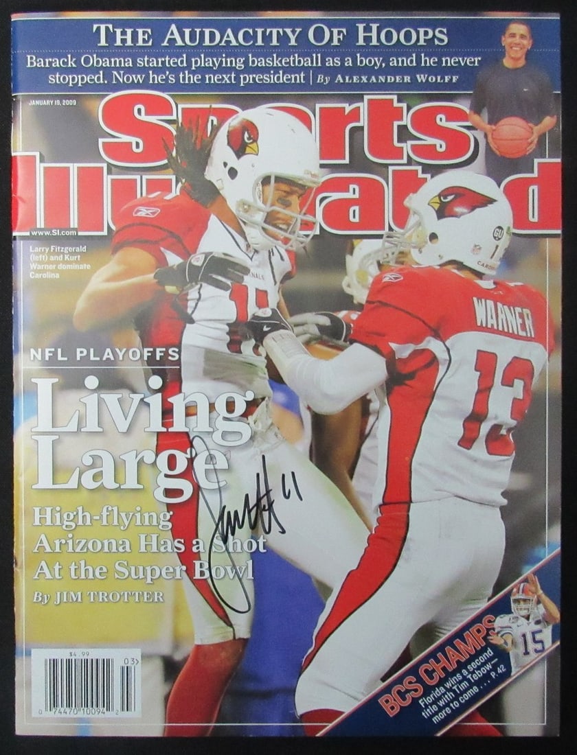 Signed Sports Magazine 2009 Larry Fitzgerald No Label JSA: Signed Sports Magazine 2009 Larry Fitzgerald No Label JSA Signed by Larry Fitzgerald in the 2009 edition of Sports Illustrated. This magazine features an original program from a football game, bearing