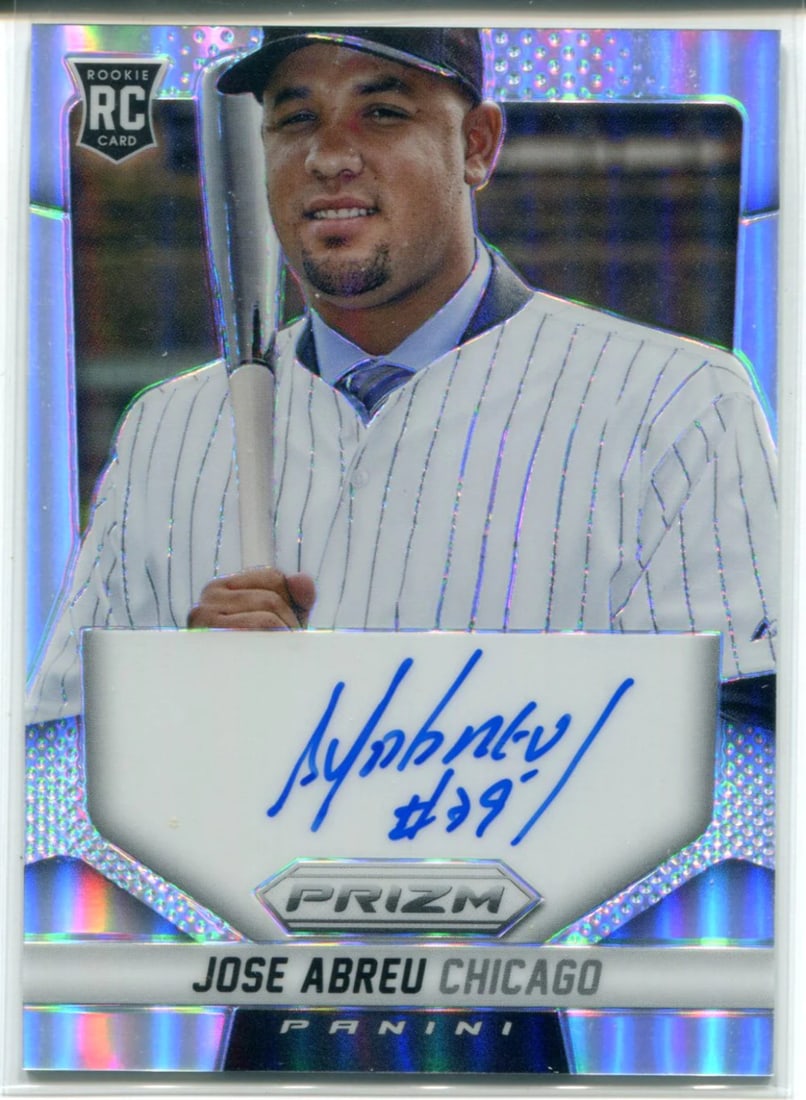 Abreu Jose 2014 Panini Prizm Holo Rookie Card Autographed: Abreu Jose 2014 Panini Prizm Holo Rookie Card Autographed Signed in blue sharpie across the front, Jose Abreu's 2014 Panini Prizm Holo Rookie Card boasts an unmistakable touch from the former MLB star