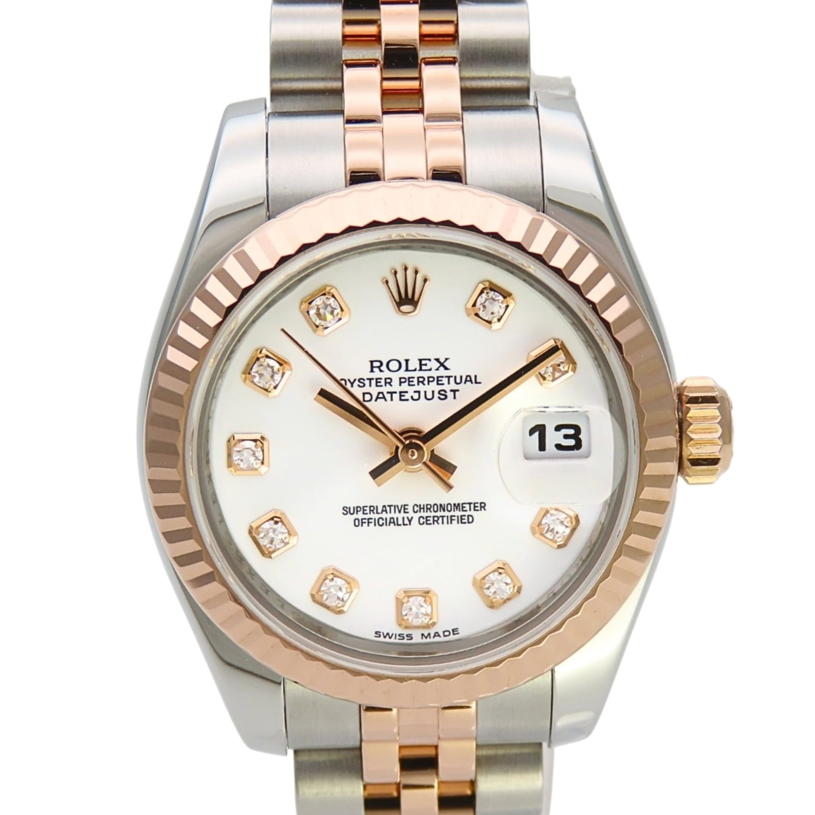 Rolex Wristwatch: Rolex Wristwatch Stainless steel case and everose gold band add an elegant touch to this Rolex wristwatch, featuring a white dial and measuring 26mm in diameter. The watch has been well-cared for, wit