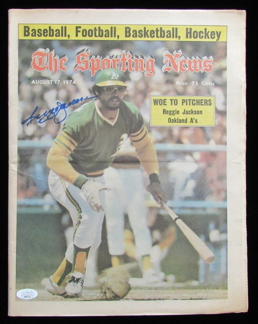 Reggie Jackson HOF Signed 8/ 17/ 1974 The Sporting News Newspaper A's JSA 185390: Reggie Jackson HOF Signed 8/ 17/ 1974 The Sporting News Newspaper A's JSA 185390 Signed by Reggie Jackson in The Sporting News, August 17th, 1974, this iconic baseball magazine features the legendary 