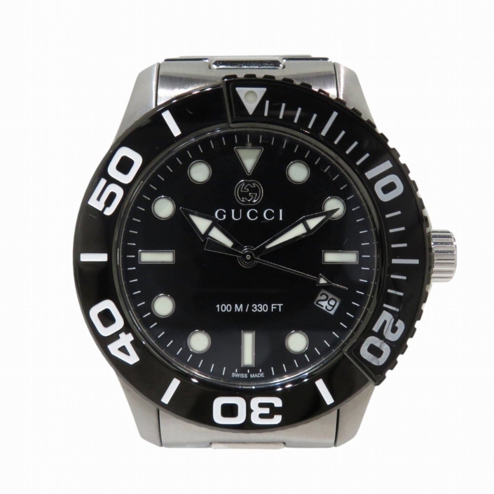 Wristwatch from Gucci: Wristwatch from Gucci Stainless steel case with a sleek black dial, this Gucci wristwatch boasts a classic design. Measuring 45mm in diameter, it's designed to fit wrists up to 19cm in size. With its 