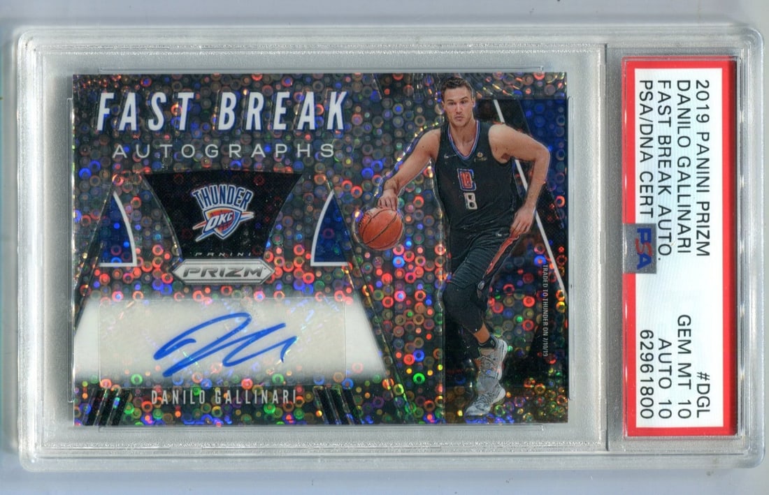 Danilo Gallinari 2019 Panini Prizm Fast Break #DGL PSA 10 AUTO 10: Danilo Gallinari 2019 Panini Prizm Fast Break #DGL PSA 10 AUTO 10 PSA-graded Danilo Gallinari 2019 Panini Prizm Fast Break #DGL, featuring a PSA 10 rating for both the card and the autograph. This hig
