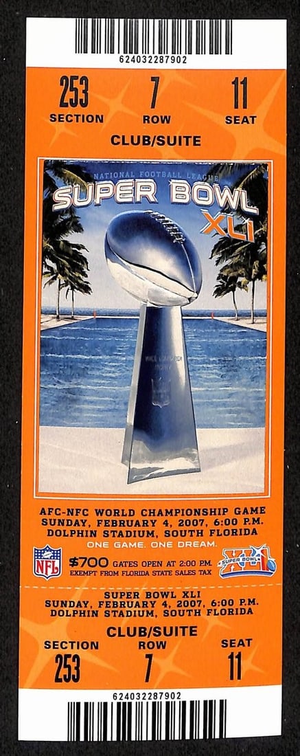 Unused Mint Ticket Colts Bears Full Super Bowl 41 2007 XLI Authentic (1 of 2)