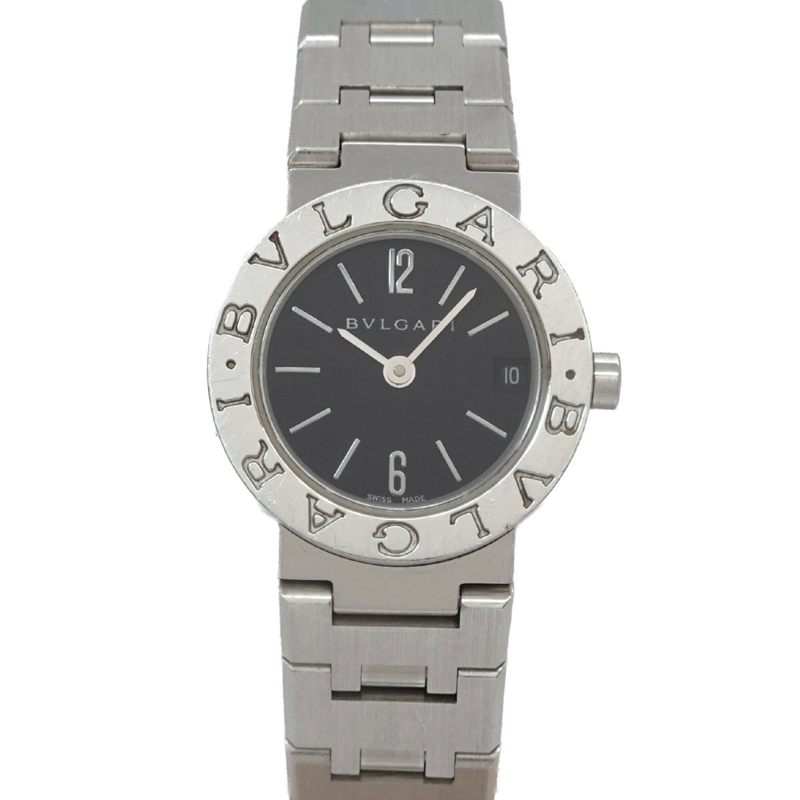 Bvlgari Wristwatch: Bvlgari Wristwatch Stainless steel case and band add a sleek touch to this Bvlgari wristwatch, featuring a black dial. The watch measures 23mm in diameter and suits wrists up to 14cm in length. In