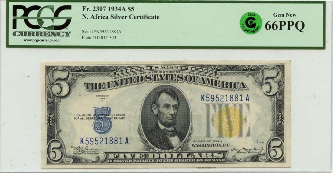 1934A $5 North Africa WWII Emergency Issue FR#2307 PCGS GEM 66 PPQ GCC Green: 1934A $5 North Africa WWII Emergency Issue FR#2307 PCGS GEM 66 PPQ GCC Green The 1934A $5 North Africa WWII Emergency Issue features a striking design, bearing the distinctive Green coloration charact