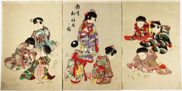 Chikanobu Meiji Woodblock Print Triptych Educational Kindergarten Nishiki e: Chikanobu Meiji Woodblock Print Triptych Educational Kindergarten Nishiki e Item Specifics: Artist: Toyohara Chikanobu Subject: Education Kindergarten Children Meiji History Material: Washi Paper Ink 
