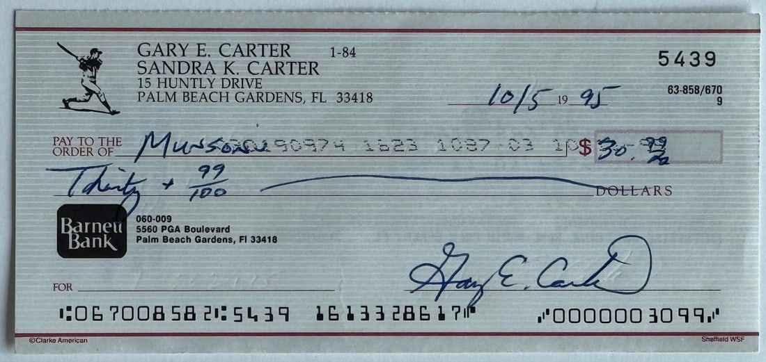 Cancelled check autographed by Gary Carter (1 of 1)