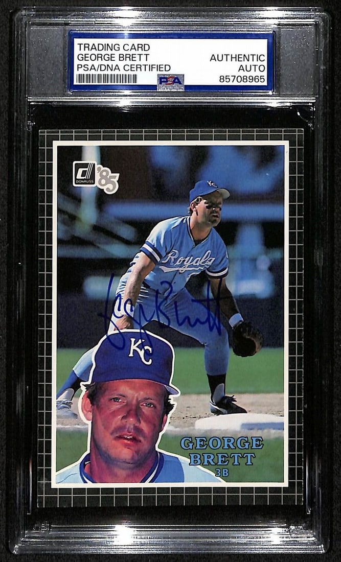 George Brett HOF Royals Auto 1985 Donruss Action All-Stars Card PSA/ DNA BA203473: George Brett HOF Royals Auto 1985 Donruss Action All-Stars Card PSA/ DNA BA203473 George Brett's 1985 Donruss Action All-Stars card features the legendary Royals slugger in his iconic baseball uniform