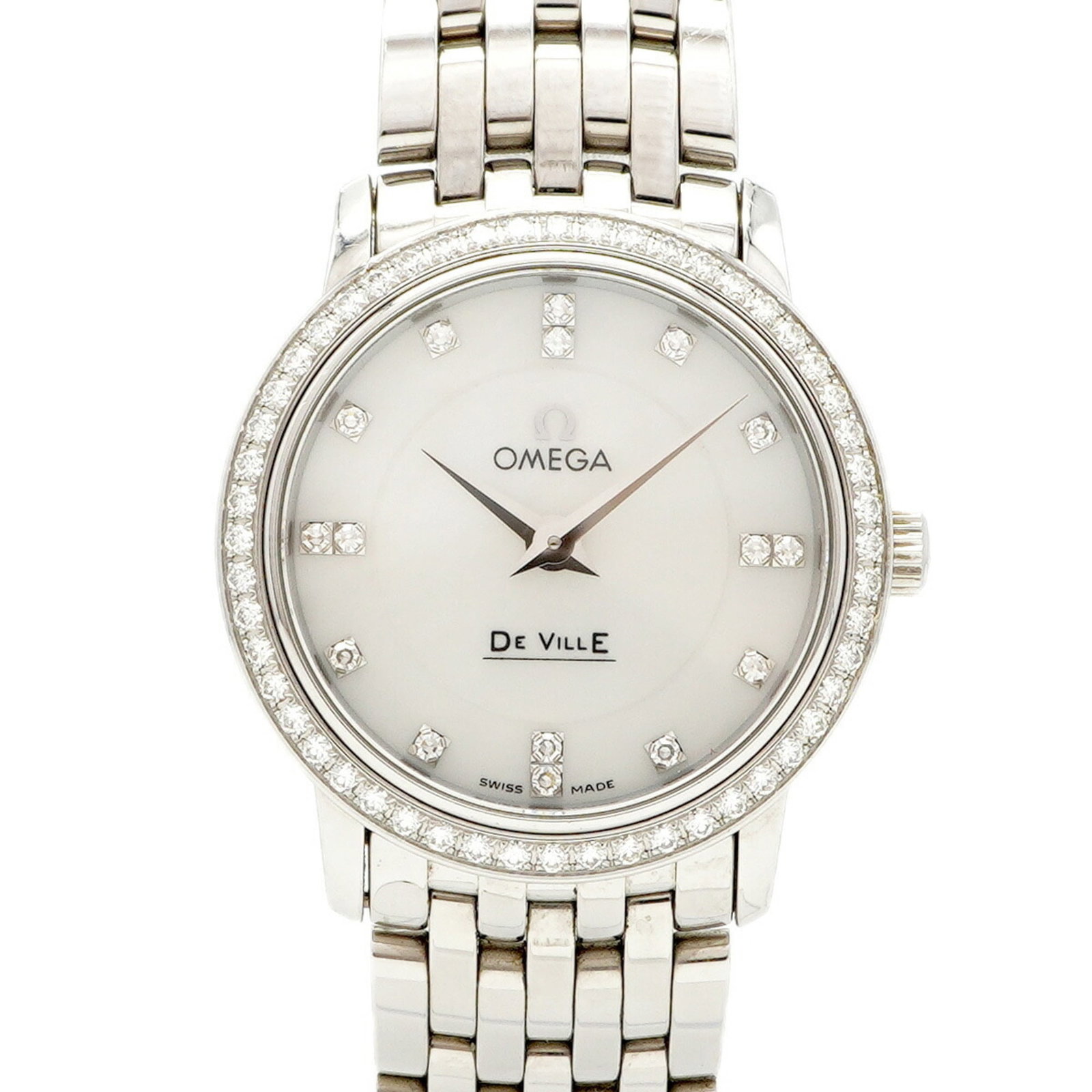 Omega Wristwatch: Omega Wristwatch Stainless steel band adds a touch of modernity to this Omega wristwatch, featuring a white shell case and measuring 27mm in diameter. The watch has been worn and shows signs of usage,