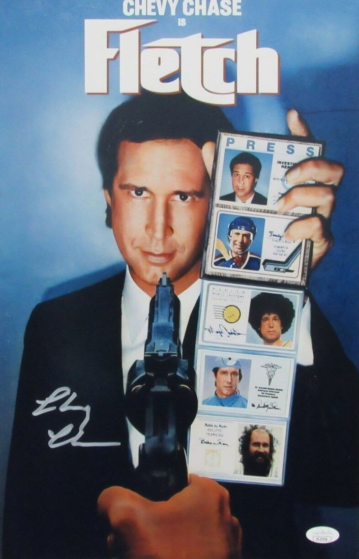 Chevy Chase Fletch 168323 JSA Autographed 11x17 Movie Poster: Chevy Chase Fletch 168323 JSA Autographed 11x17 Movie Poster Chevy Chase's iconic character Fletch is immortalized on this original 11x17 movie poster, bearing his signature. The JSA authentication
