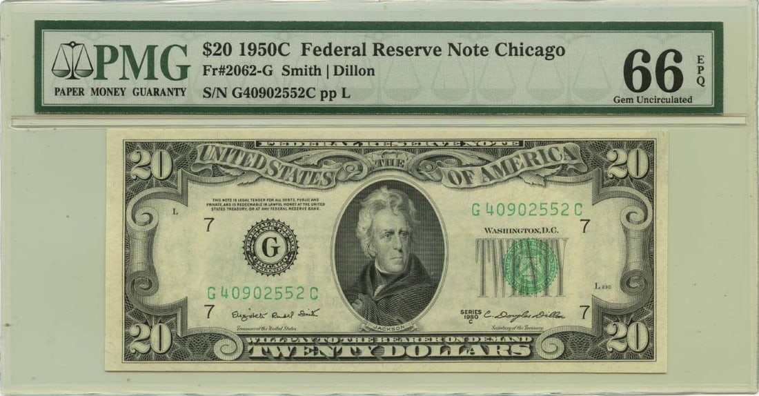1950C $20 Federal Reserve Note Chicago Fr# 2062-G PMG Gem66 EPQ: 1950C $20 Federal Reserve Note Chicago Fr# 2062-G PMG Gem66 EPQ The 1950C $20 Federal Reserve Note Chicago Fr# 2062-G PMG Gem66 EPQ boasts exceptional condition, graded MS66 and certified by the
