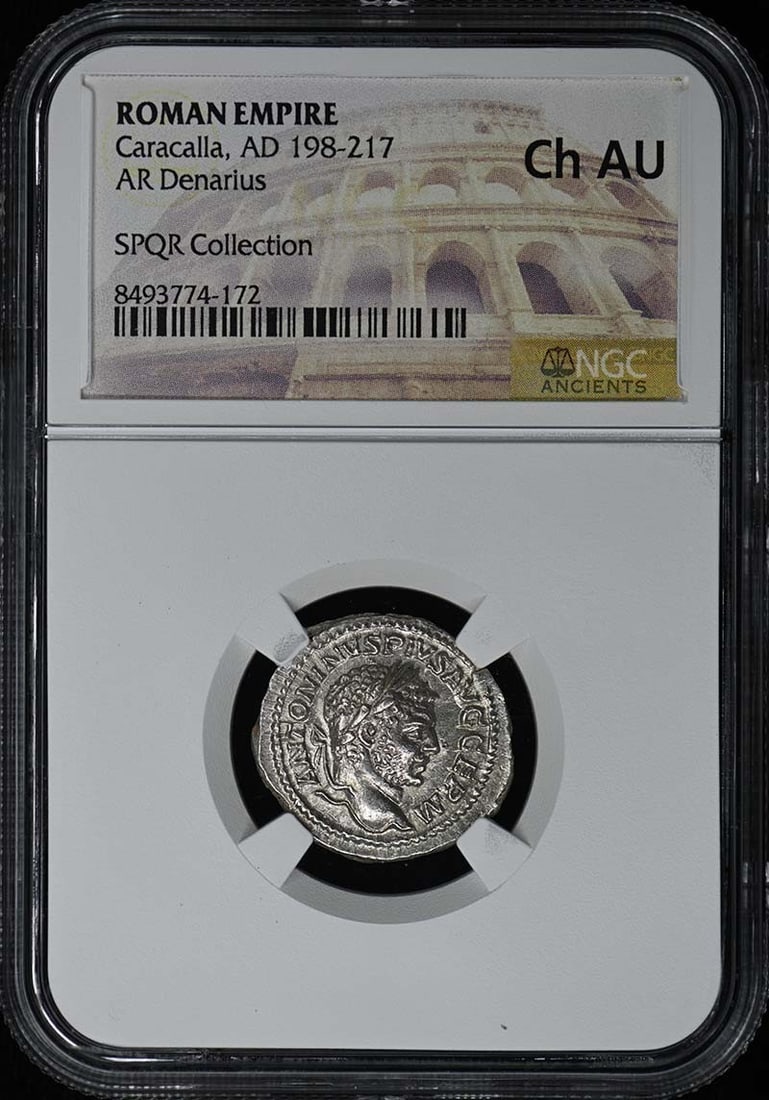 Caracalla, AD 198-217 ROMAN EMPIRE AR Denarius NGC Ch AU: Caracalla, AD 198-217 ROMAN EMPIRE AR Denarius NGC Ch AU NGC Grade Ch AU, a testament to the coin's exceptional condition. This AD 198-217 Roman Empire Ar Denarius boasts impressive preservation, its