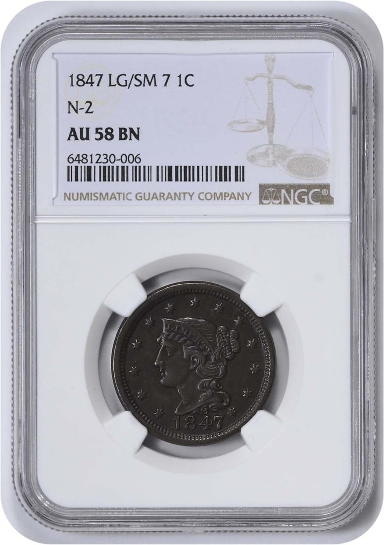 1847 Large Cent Large/ Small 7 AU58BN NGC (1 of 3)