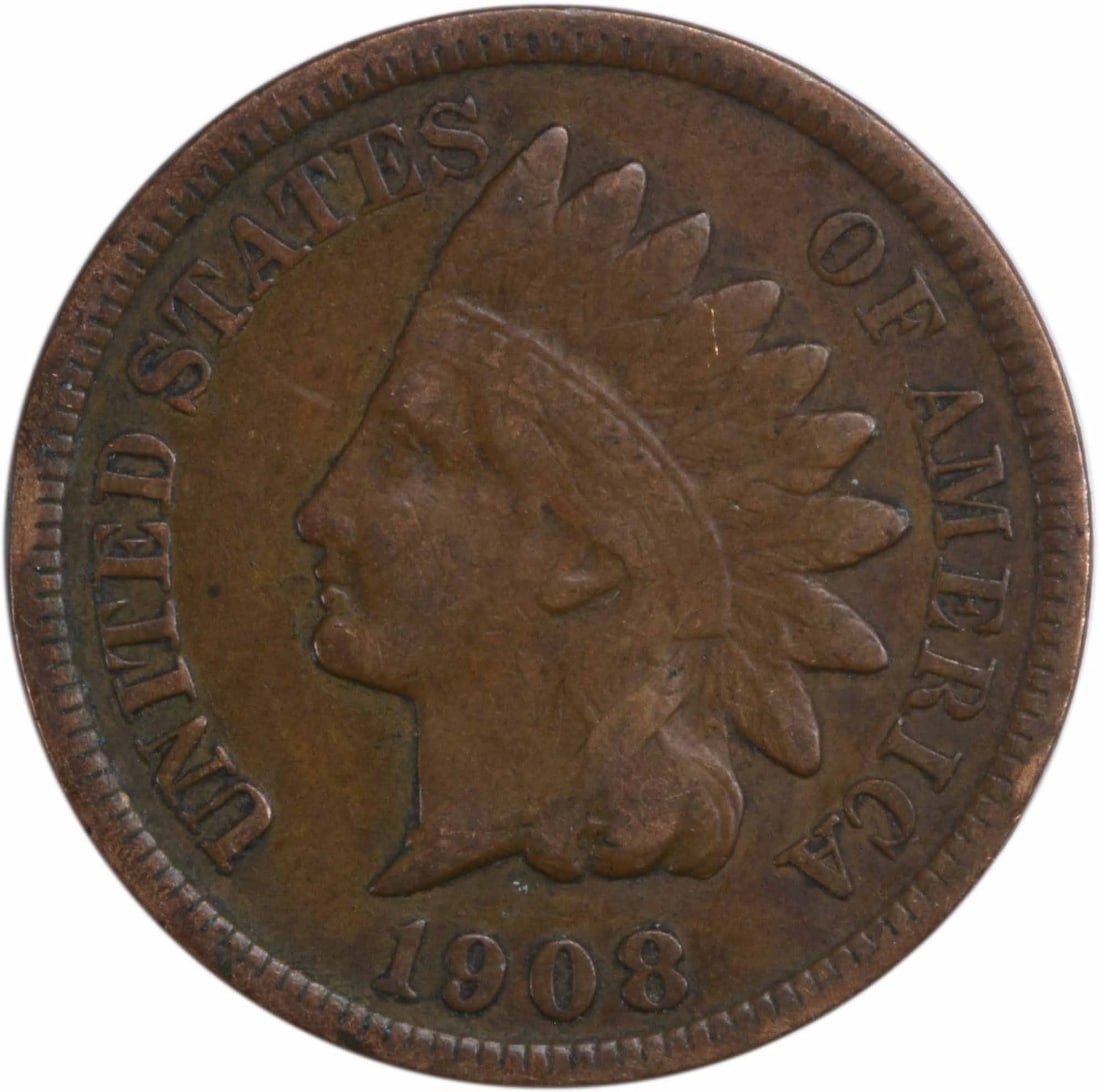1908-S Indian Cent VF Uncertified: 1908-S Indian Cent VF Uncertified The 1908-S Indian Cent features a distinctive design, with its iconic Native American head and flowing hair. This circulated coin, certified as VF (Very Fine) Uncerti