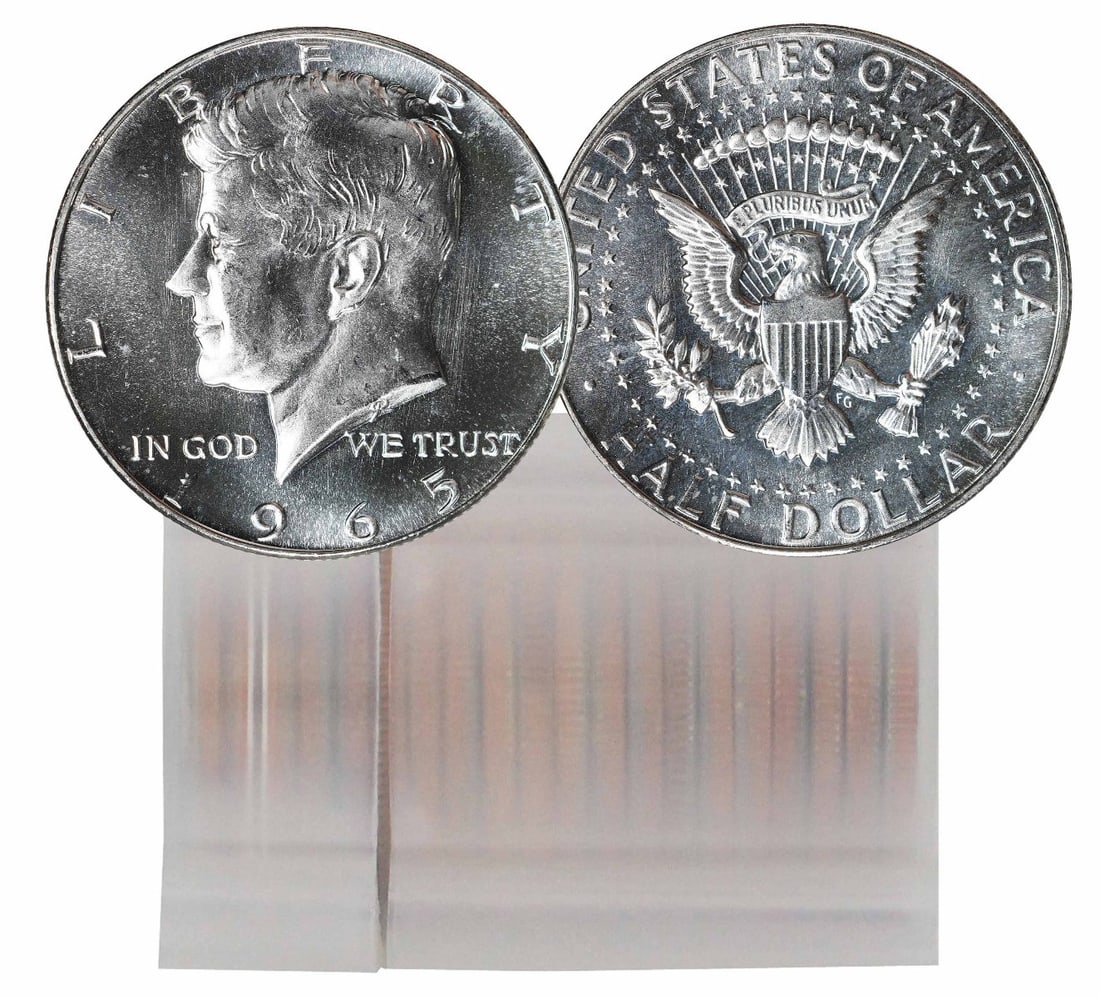 1965 SMS Kennedy Half Dollar 20 Coin Roll: 1965 SMS Kennedy Half Dollar 20 Coin Roll The 1965 SMS Kennedy Half Dollar 20 Coin Roll features an uncirculated mint condition, with 40% silver and 60% copper composition. This roll contains a total