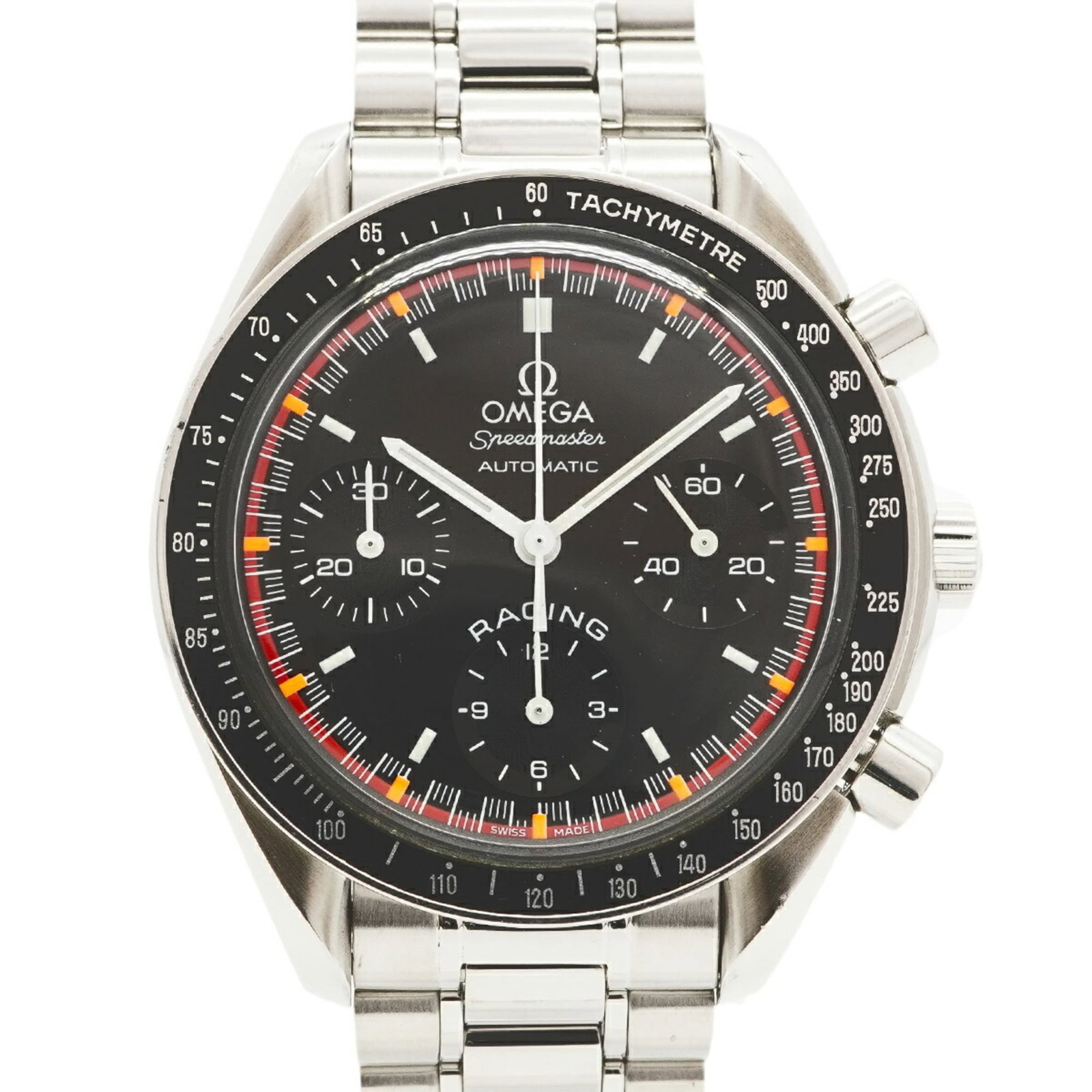Omega Wristwatch: Omega Wristwatch Stainless steel band and black dial make for a sleek, timeless design. The Omega wristwatch boasts a 39mm case diameter, perfect for those with wrists up to 17cm in circumference. Wit