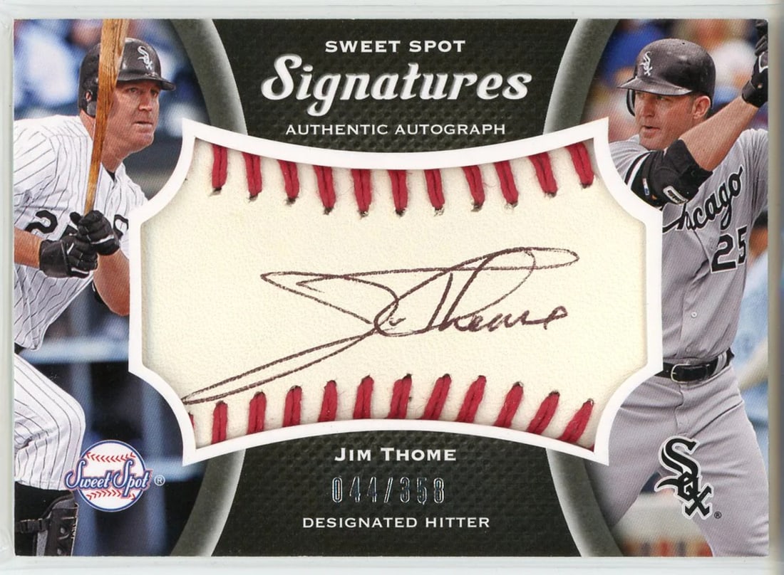Jim Thome Autographed 2008 Upper Deck Sweet Spot Signatures Card #S-JT: Jim Thome Autographed 2008 Upper Deck Sweet Spot Signatures Card #S-JT Signed by Jim Thome in black pen, card #S-JT features his autograph across the front. Numbered 44 out of 358, this Upper Deck Swe