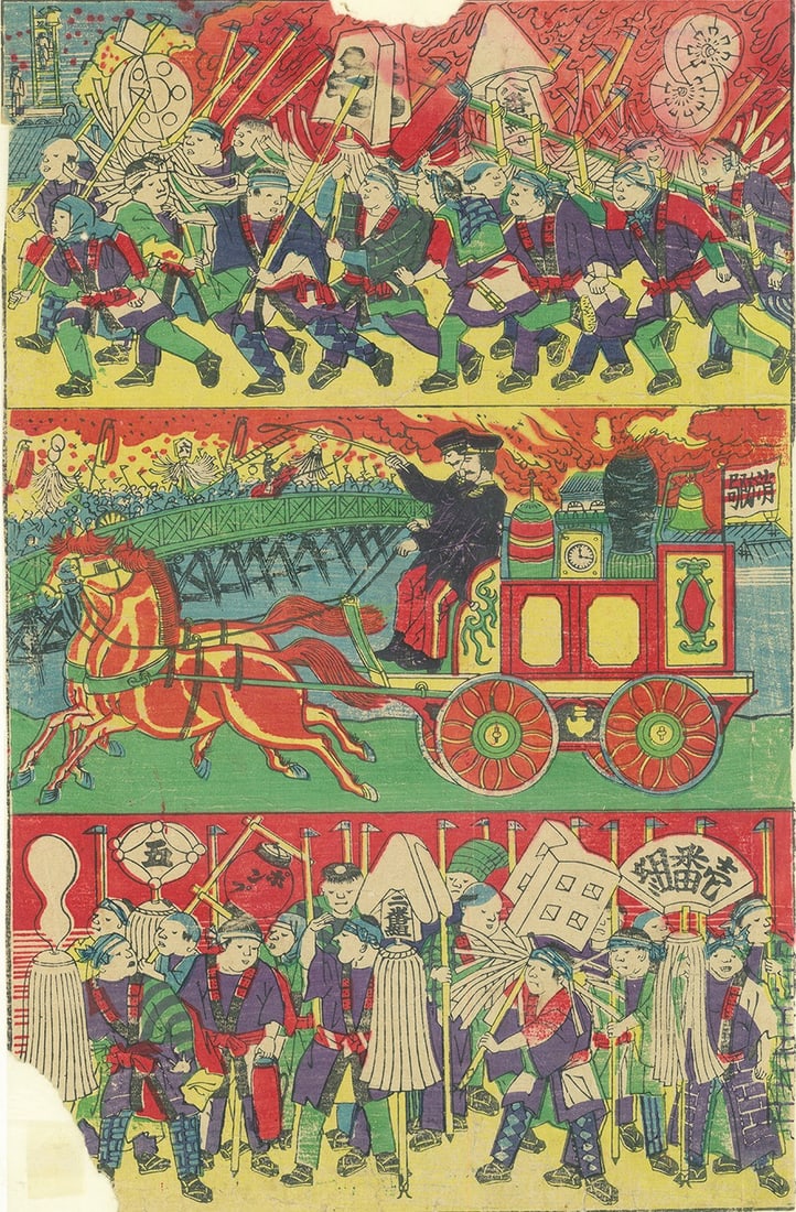 Antique Japanese Meiji Woodblock Print Firemen Collection Firefighters Art (1 of 1)