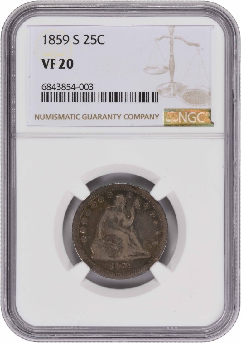 Silver quarter Liberty seated 1859-S VF20 NGC: Silver quarter Liberty seated 1859-S VF20 NGC Seated Liberty quarters from the San Francisco Mint are highly sought after for their unique blend of design and history. This silver quarter, certified b