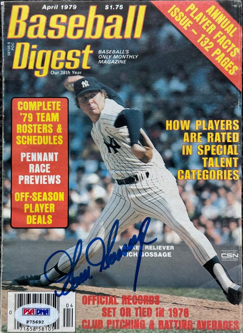 Gossage Autographed Baseball Digest April 1979 (PSA): Gossage Autographed Baseball Digest April 1979 (PSA) Signed in blue sharpie across the front of the digest by Goose Gossage, a legendary baseball pitcher. This April 1979 issue of Baseball Digest feat