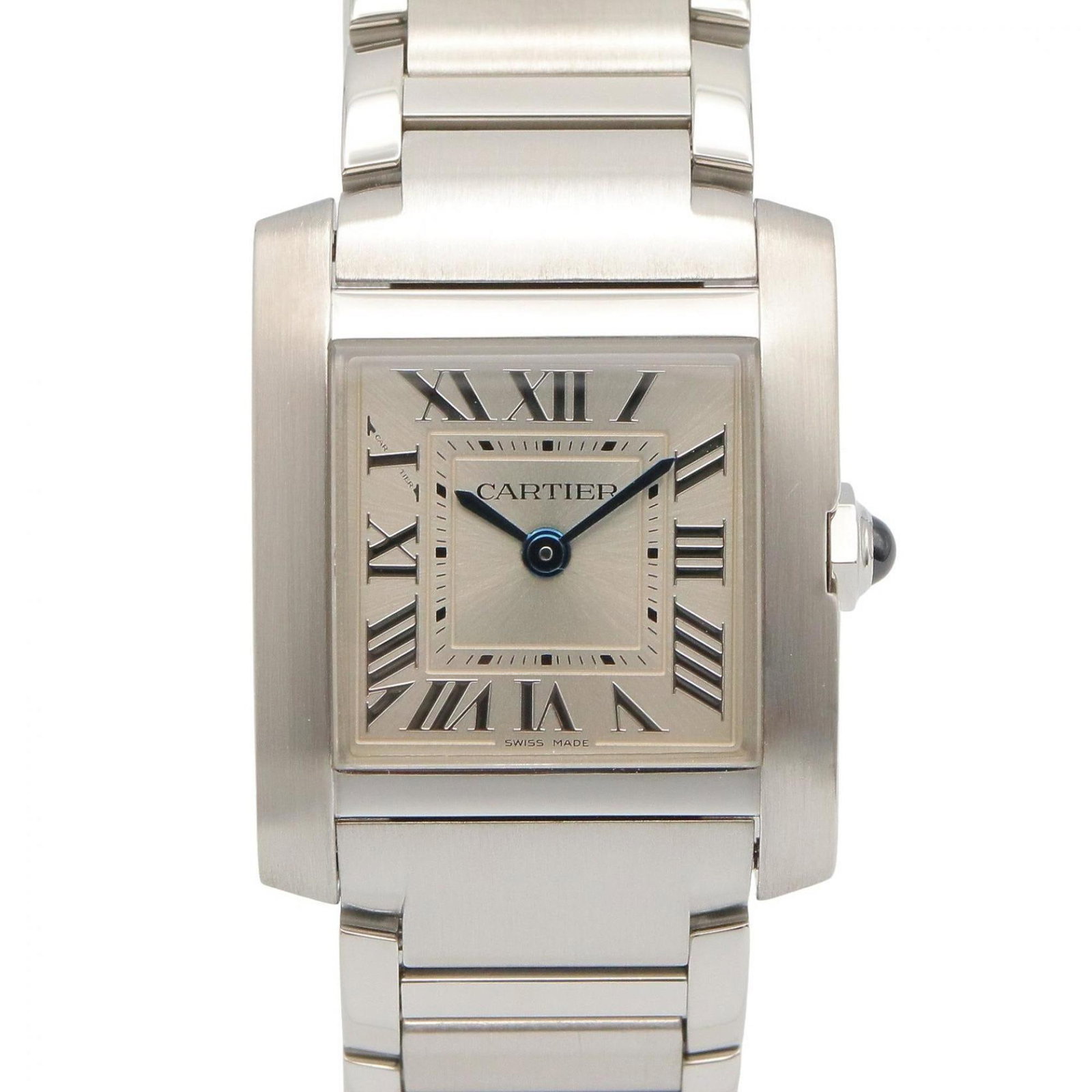 Cartier Wristwatch: Cartier Wristwatch Stainless steel case and band, silver dial, and sleek design make this Cartier wristwatch a stylish accessory for everyday wear. The watch bears some signs of usage, with a few scra