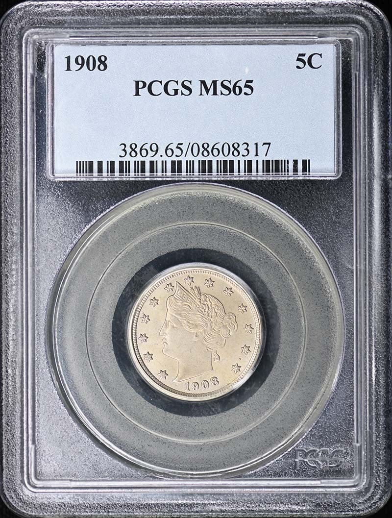 1908 5C Liberty Nickel PCGS MS65: 1908 5C Liberty Nickel PCGS MS65 The 1908 5C Liberty Nickel, graded MS65 by PCGS, boasts exceptional preservation with minimal signs of wear. This uncirculated coin features the iconic design of Augus