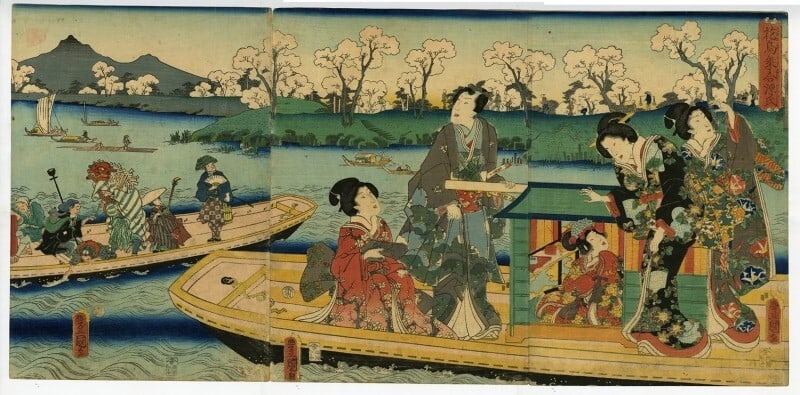 Toyokuni III Kunisada woodblock triptych people boats cherry blossoms mountain: Toyokuni III Kunisada woodblock triptych people boats cherry blossoms mountain Item Specifics: Primary Material: Paper Color: Multi-Color Original/Reproduction: Antique Original Region Of Origin: Japa