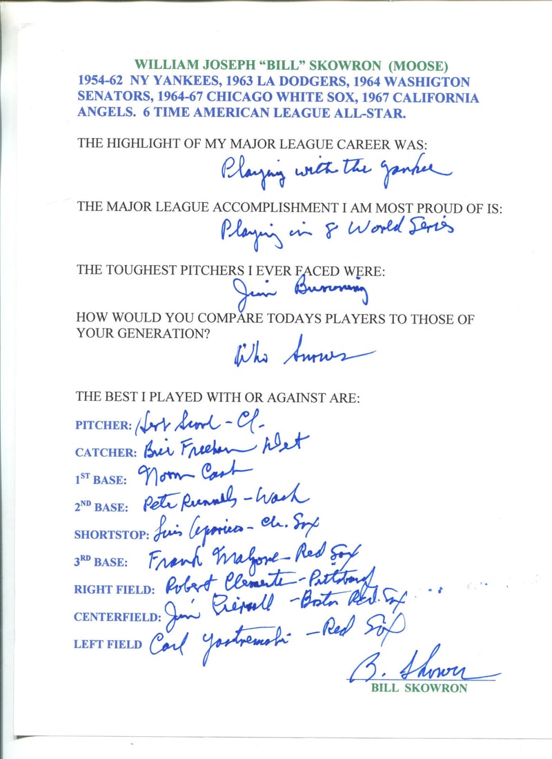 Bill Moose Skowron Autographed Hand Filled Out Survey (1 of 1)