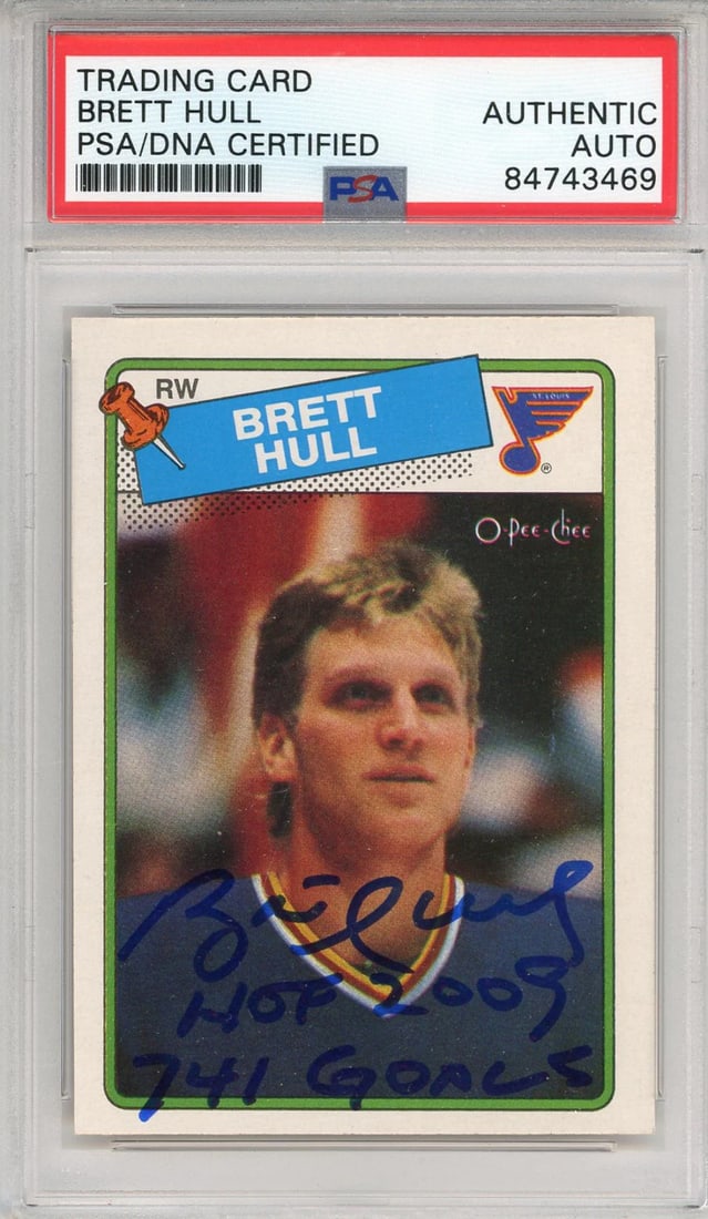 Brett Hull "HOF 2009, 741 Goals" Autographed 1988 O-Pee-Chee Card #66 (PSA) (1 of 2)