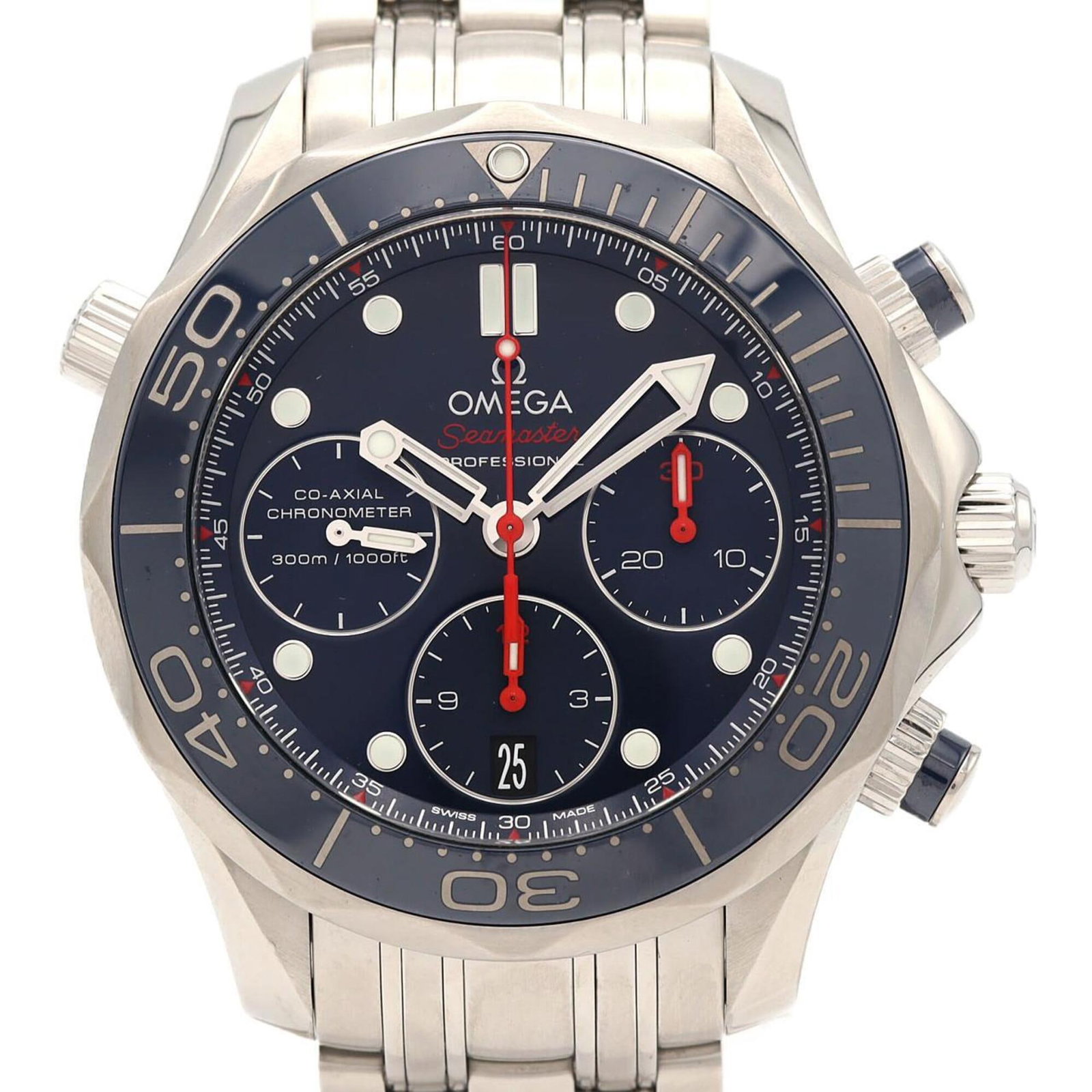 Omega Wristwatch: Omega Wristwatch Stainless steel case and band provide a durable foundation for this Omega wristwatch, featuring a striking blue dial. The watch measures 41.5mm in diameter and comes with a 17.5cm lon