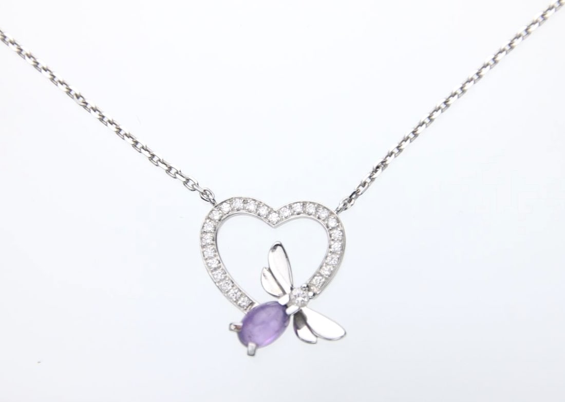 Attrape moi bee heart amethyst diamond Chaumet necklace pendant 18k white gold (1 of 13)
