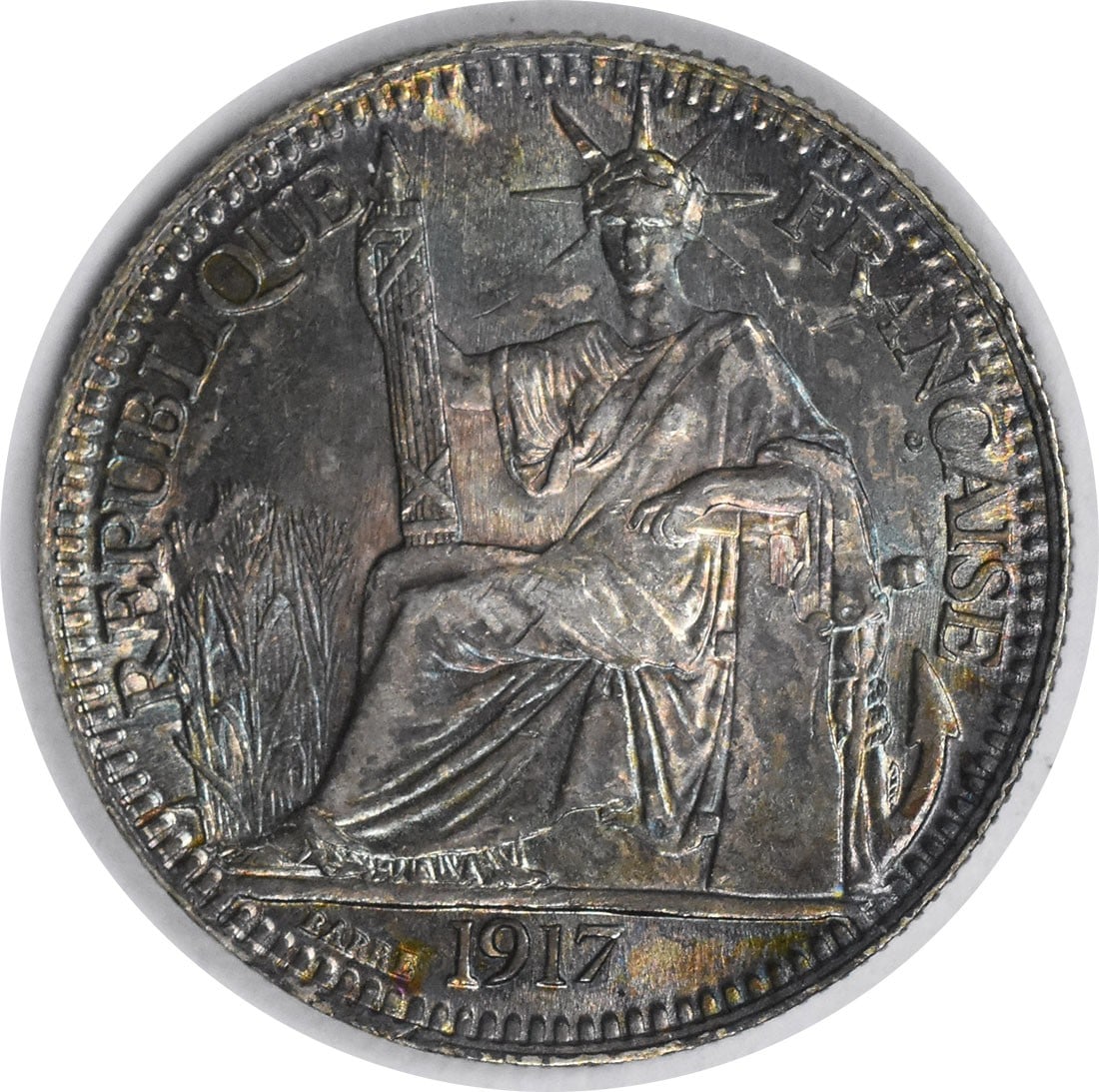 1917 French Indo-China 10 Cents KM9 Choice BU Uncertified: 1917 French Indo-China 10 Cents KM9 Choice BU Uncertified The 1917 French Indo-China 10 Cents KM9 features a silver composition and is certified as Uncirculated, showcasing its choice condition. With 