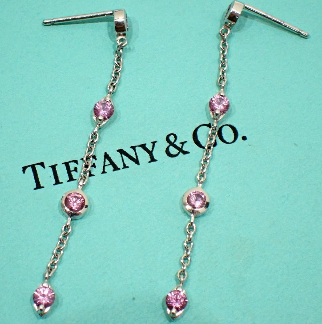 Tiffany & Co By the Yard Pink Sapphire 18k White Gold Dangle Drop Swing Earrings: Tiffany & Co By the Yard Pink Sapphire 18k White Gold Dangle Drop Swing Earrings Item Specifics: Antique: No Closure: Butterfly Occasion: Anniversary Birthday Christening Christmas Confirmation/Commun