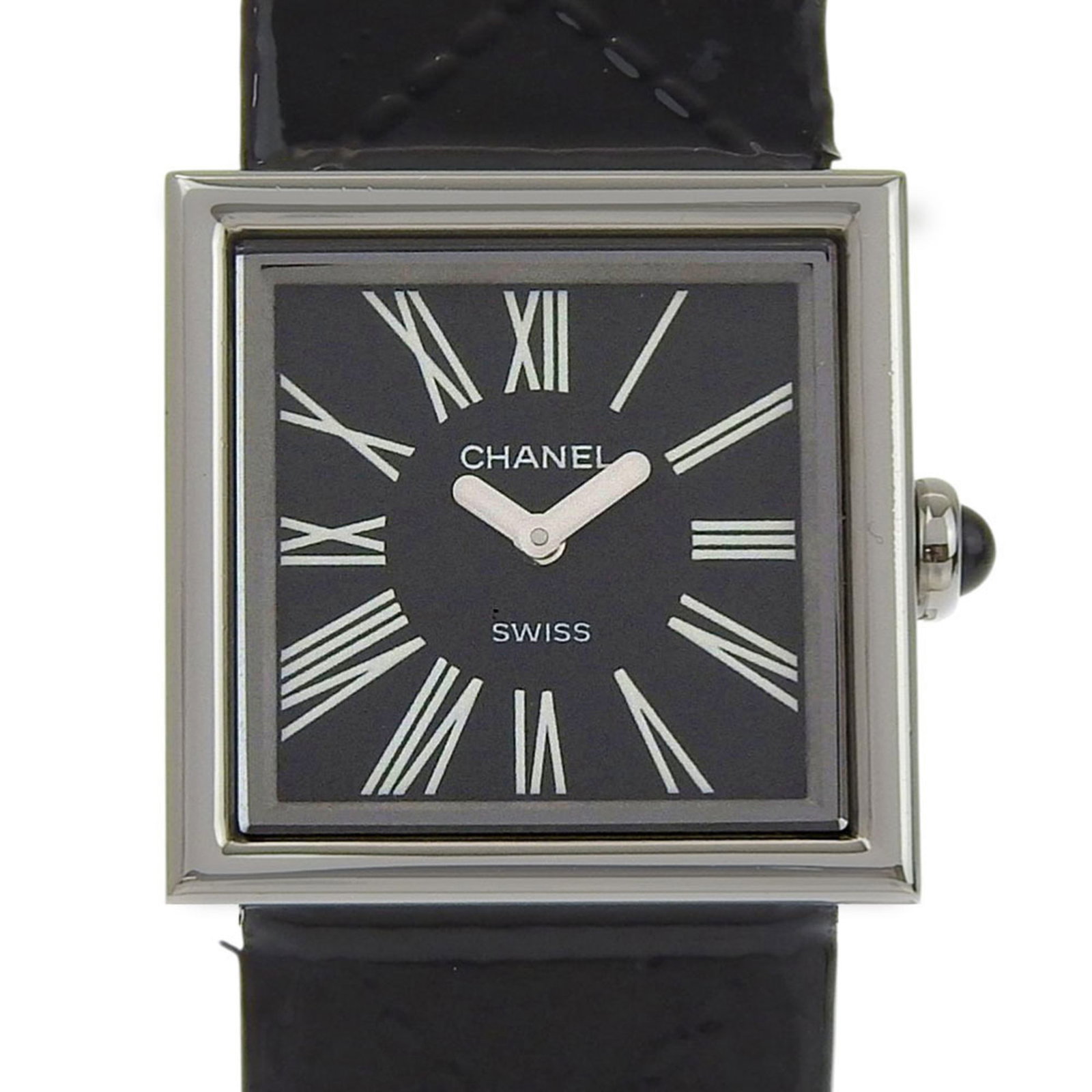 Chanel Wristwatch: Chanel Wristwatch Stainless steel case and black leather strap make for a sleek, timeless design. This Chanel wristwatch boasts an enamel dial in a classic black finish, adding to its sophisticated lo