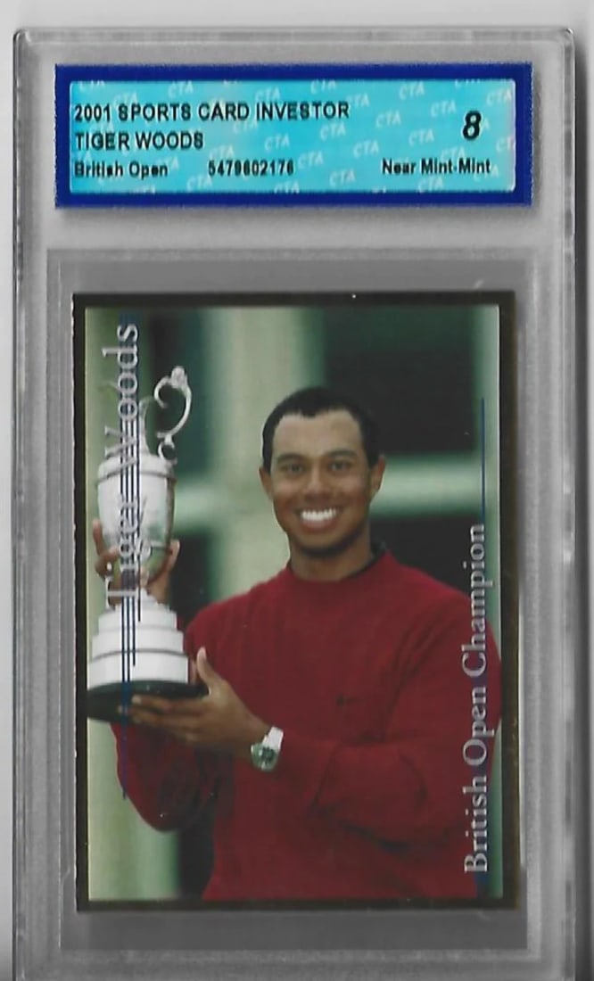 British Open Investor Card Sports 2001 Tiger Woods CTA Mint: British Open Investor Card Sports 2001 Tiger Woods CTA Mint Tiger Woods' 2001 Sports Card from the British Open, graded CTA 8 Near-Mint-Mint. This card showcases a notable moment in golf history and b
