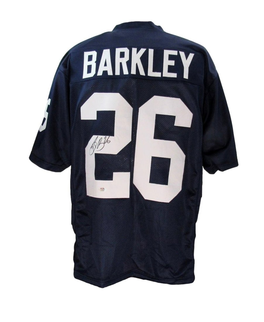 Saquon Barkley Signed/ Auto Blue Custom Football Jersey Penn State PSA/ DNA 192796: Saquon Barkley Signed/ Auto Blue Custom Football Jersey Penn State PSA/ DNA 192796 Signed by Saquon Barkley, this blue custom football jersey features the signature of the talented Penn State running