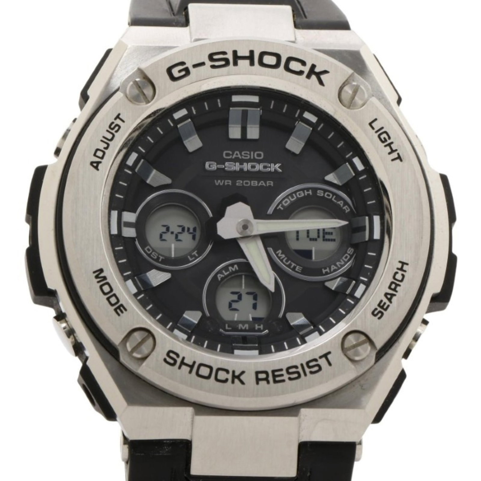 Wristwatch: Wristwatch Stainless steel construction provides durability and a sleek, modern look. The black dial stands out against the silver case, creating a sharp contrast that adds to the watch's overall styl