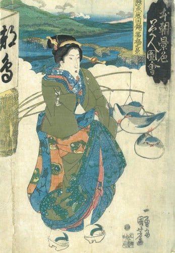 Kuniyoshi Woodblock Iwakuni Bridge Beauties Kintai Series: Kuniyoshi Woodblock Iwakuni Bridge Beauties Kintai Series Item Specifics: Artist: Utagawa Kuniyoshi Subject: Landscape with Bridge and Beauty Material: Washi Paper Style: Japanese Size: blished by Mar