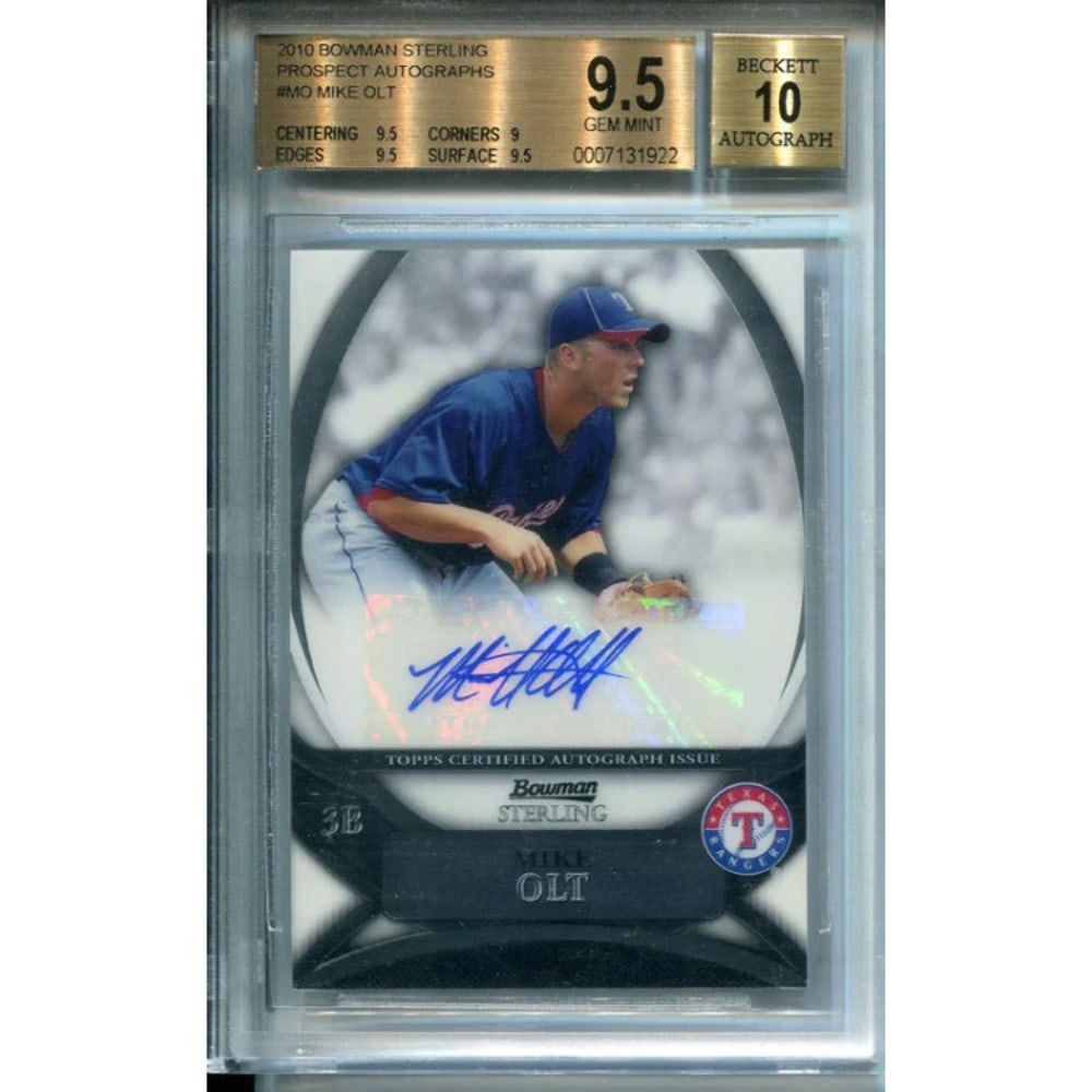 Mike Olt Autographed 2010 Bowman Sterling Rookie Card: Mike Olt Autographed 2010 Bowman Sterling Rookie Card Mike Olt's 2010 Bowman Sterling Rookie Card bears the autograph of the former MLB player. This card features Olt in his rookie season, making it a