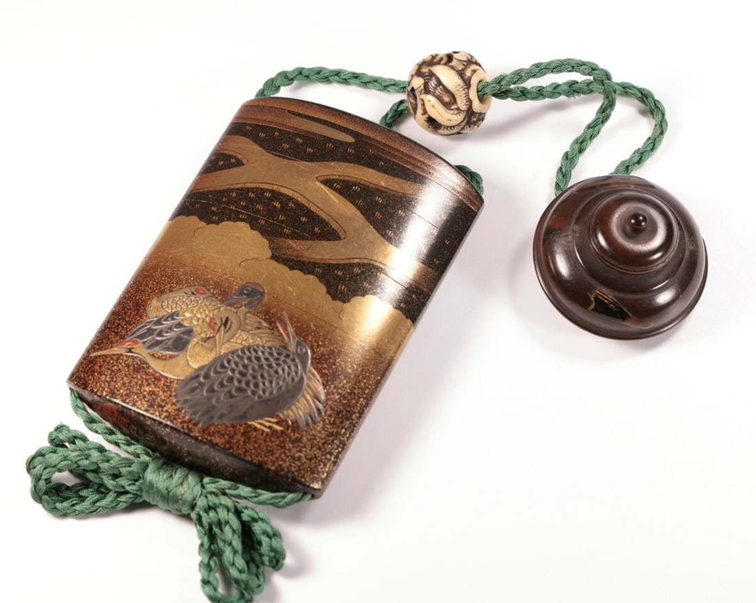 Japanese Antique Crane Bird Makie Inro Signed by Sekigawa Katsunobu Edo Period (1 of 4)
