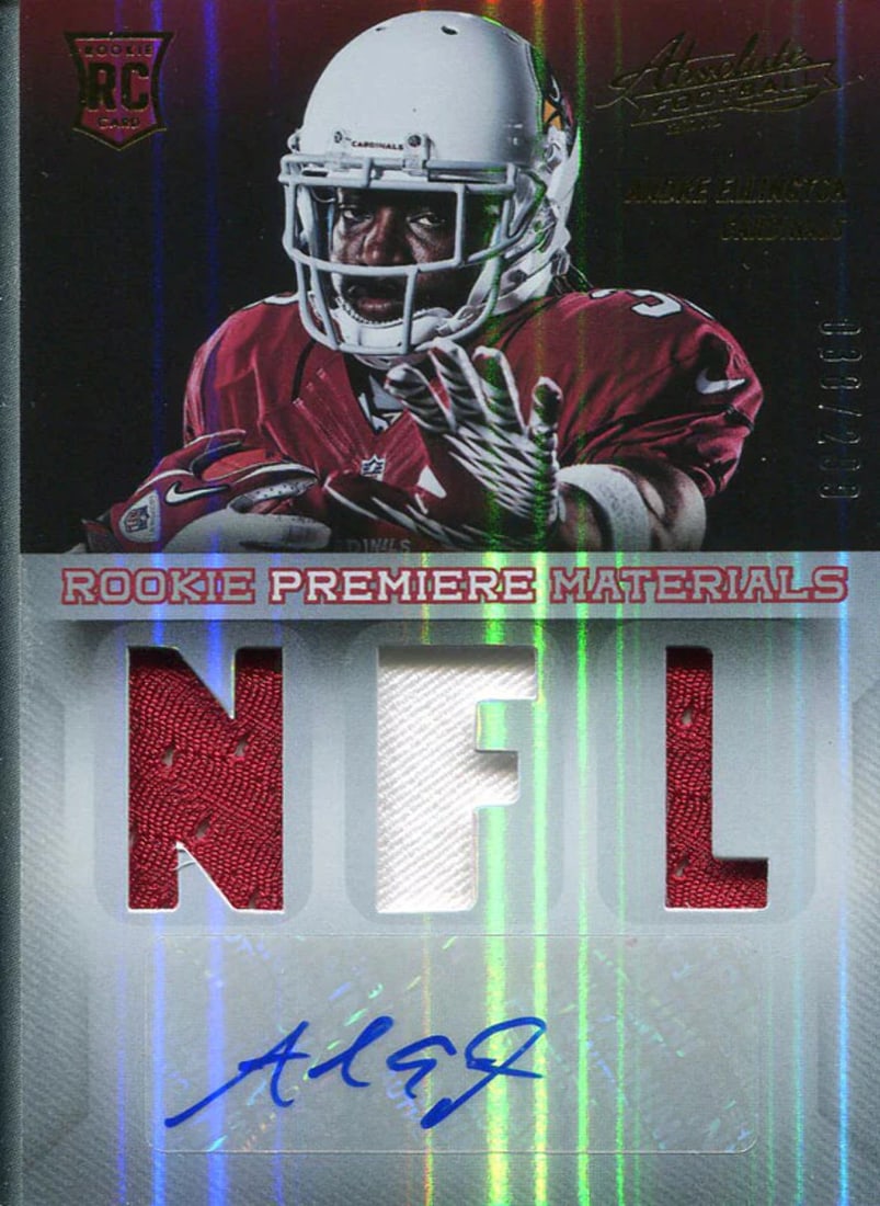 Ellington Andre Autographed 2013 Football Rookie Jersey Absolute Card: Ellington Andre Autographed 2013 Football Rookie Jersey Absolute Card Andre Ellington's 2013 football rookie jersey card features his sharpie signature across the front, bearing the authentication sta