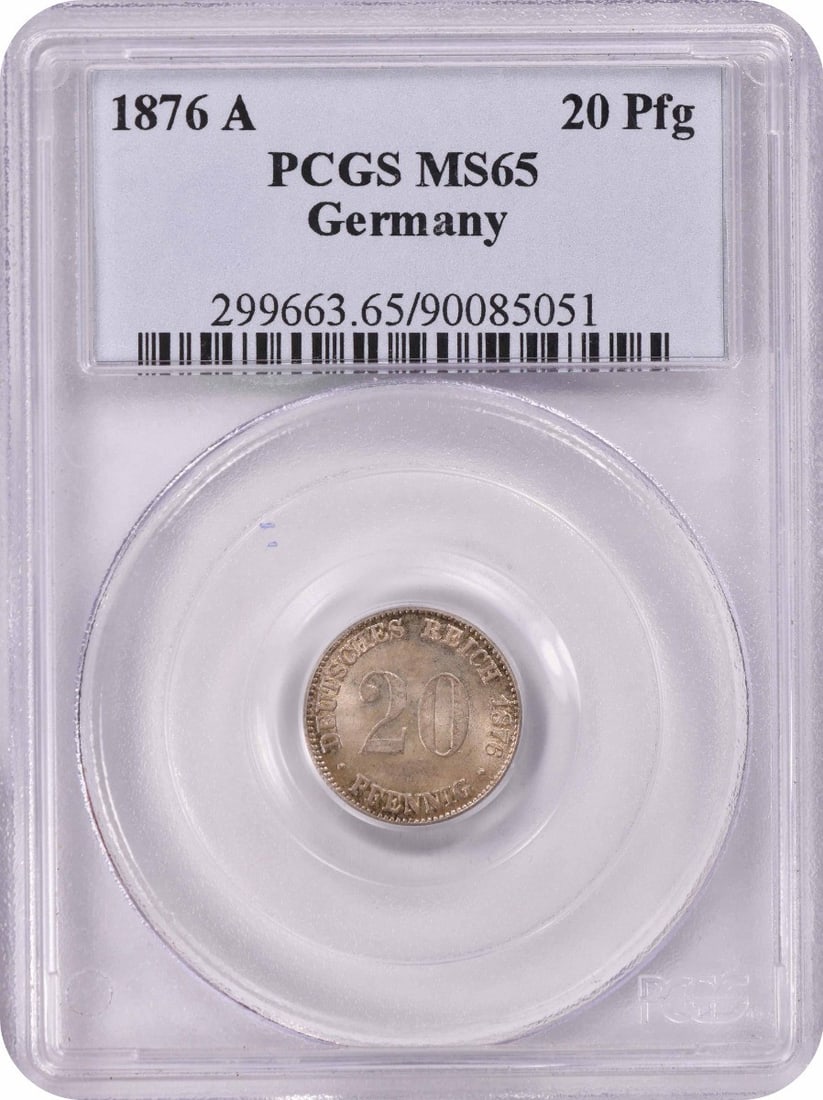 1876 A Germany 20 Pfennig KM5 MS65 PCGS: 1876 A Germany 20 Pfennig KM5 MS65 PCGS The 1876 A Germany 20 Pfennig KM5 MS65 PCGS features a high level of detail and craftsmanship, with its silver composition and well-preserved mint state conditi