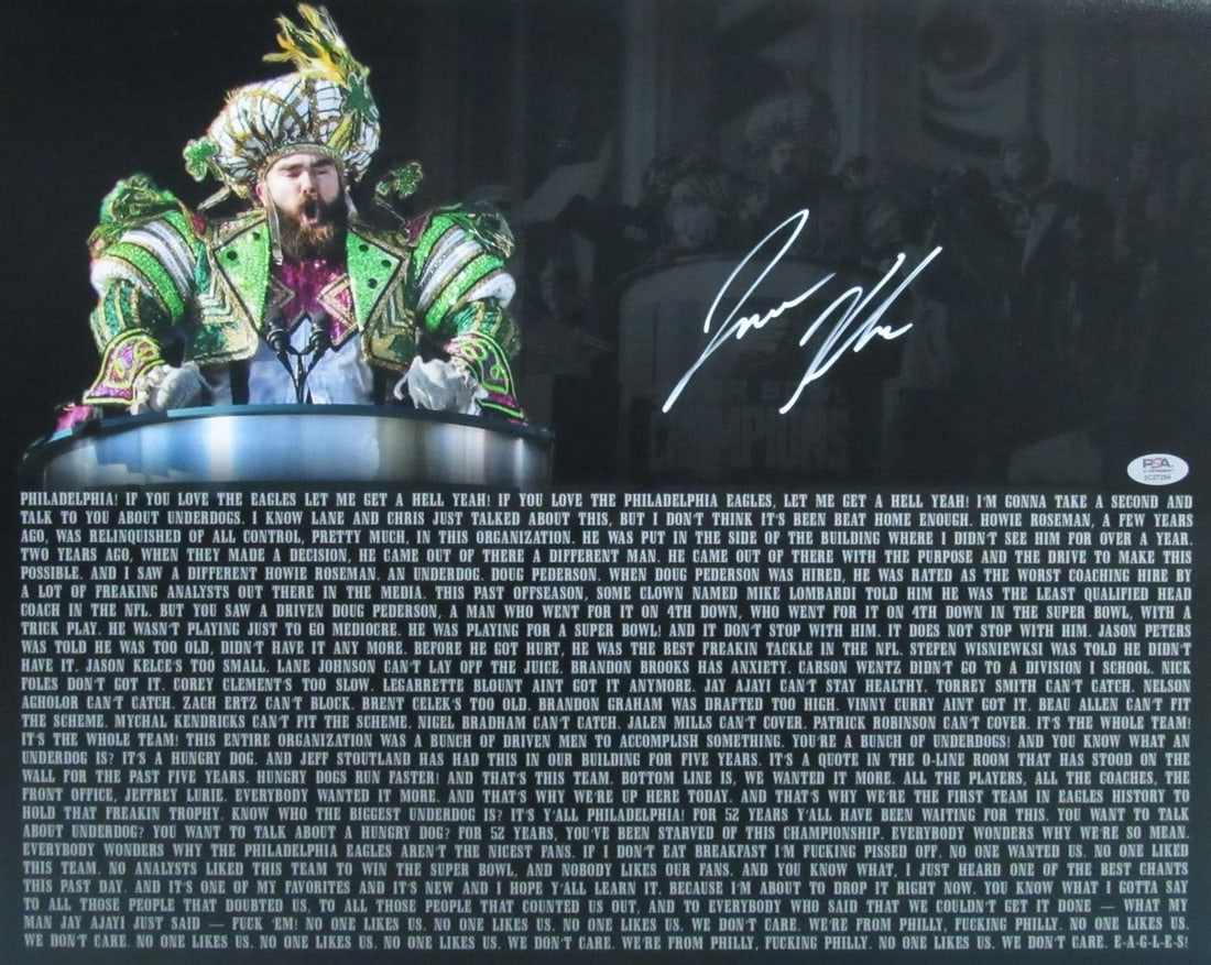 Jason Kelce Philadelphia Eagles Speech Signed 16x20 Photo Witness PSA/ DNA 177715: Jason Kelce Philadelphia Eagles Speech Signed 16x20 Photo Witness PSA/ DNA 177715 Jason Kelce's signature on this 16x20 photo is a must-have for Eagles fans, providing a unique glimpse into the life a