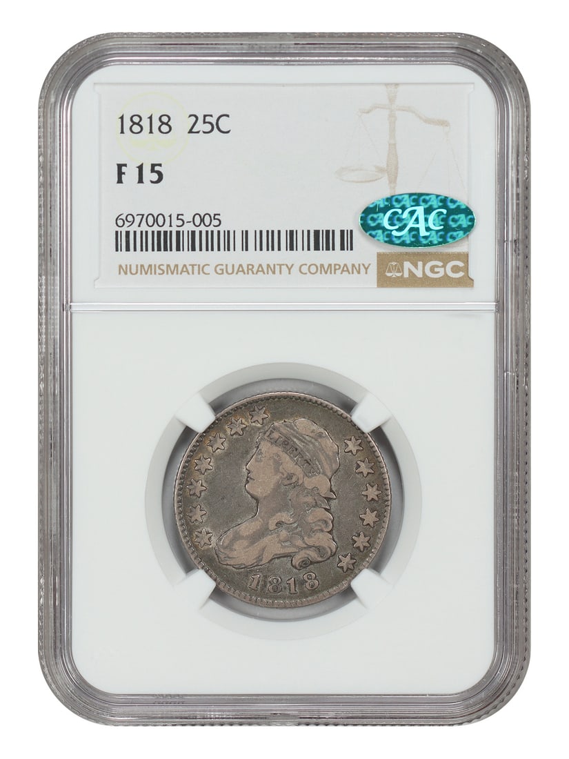 1818 25C NGC/ CAC Fine 15 - Capped Bust Quarter: 1818 25C NGC/ CAC Fine 15 - Capped Bust Quarter The 1818 Capped Bust Quarter, graded Fine 15 by the NGC and CAC, boasts a circulated appearance with notable wear. This historic coin, minted in Philade